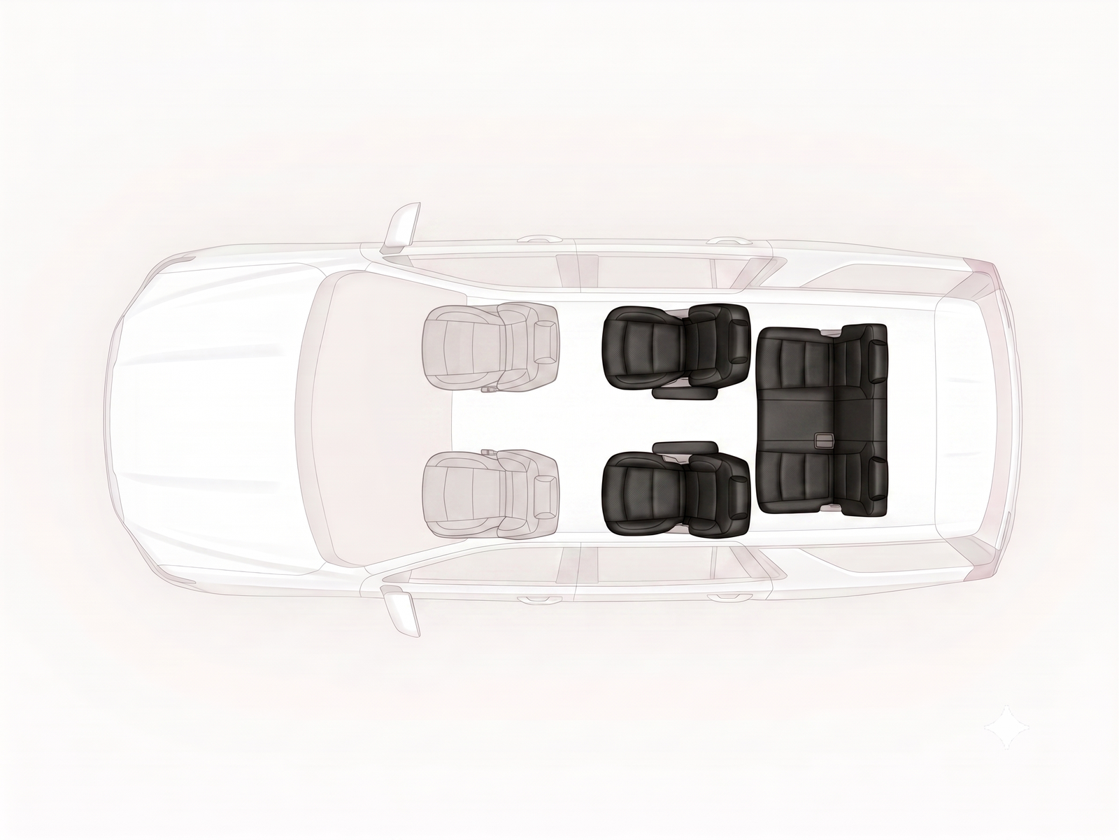 GMC Yukon XL seating plan, captain configuration, five passengers: two second-row captain’s chairs and three across the rear bench; front guest seat free; chauffeur at front left.
