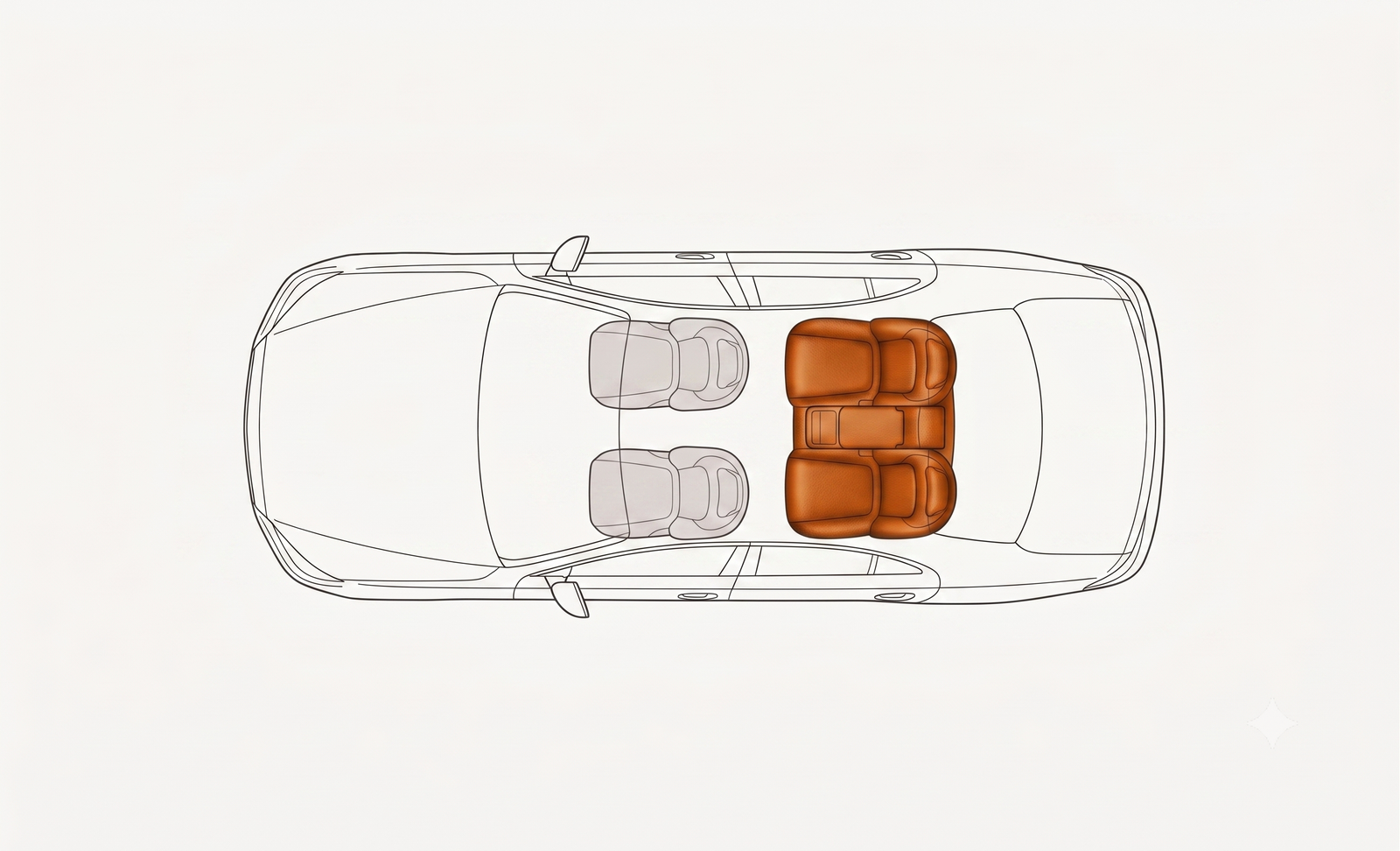 Mercedes-Benz S-Class seating plan, two passengers: both rear seats occupied with the centre armrest down; chauffeur at front left.