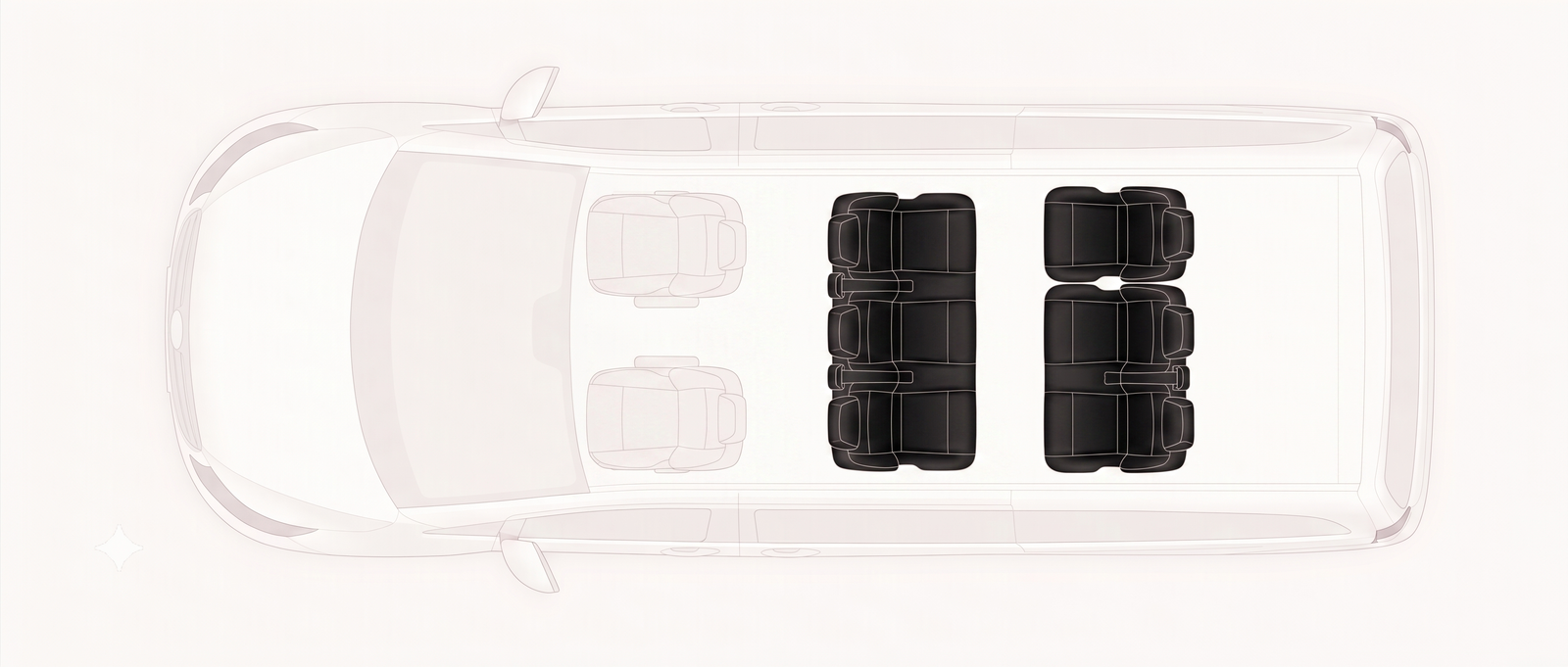 Mercedes-Benz V-Class seating plan, six passengers: two rear rows of three occupied, front guest seat free; chauffeur at front left.